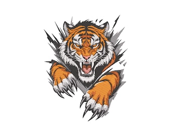 May include: Embroidered design of an orange and black tiger bursting through a torn surface. The tiger's face is snarling, with sharp teeth visible. Its paws are extended, claws out. The design is on a white background.