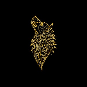 Puede incluir: Ilustración dorada de un lobo aullando sobre un fondo negro. La cabeza del lobo está inclinada hacia arriba, con líneas detalladas que definen su pelaje y rasgos faciales. El diseño es una representación estilizada del animal.