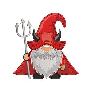 Peut inclure: Un motif brodé représentant un gnome déguisé en diable, portant un chapeau pointu rouge avec des cornes noires et une cape rouge assortie. Le gnome a une longue barbe blanche, un nez beige et tient un trident argenté dans une main.
