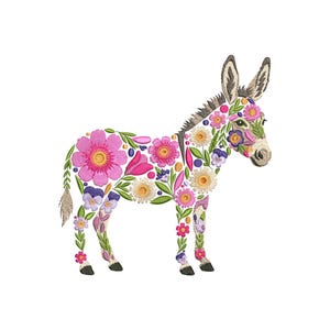 May include: An embroidered donkey illustration, adorned with a vibrant floral pattern. The donkey's body is filled with pink, purple, yellow, and white flowers, creating a whimsical and colorful design. The donkey stands on a white background.