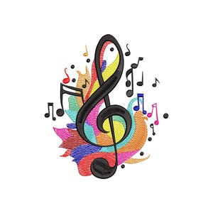 May include: An embroidered design featuring a black treble clef with a yellow centre, surrounded by colourful abstract shapes and musical notes in various colours. The design is on a white background.