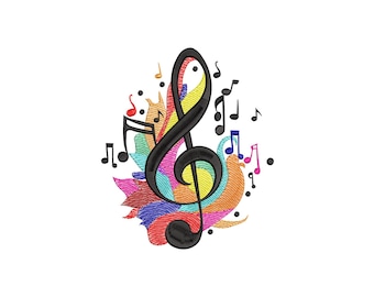 May include: An embroidered design featuring a black treble clef with a yellow center, surrounded by colorful abstract shapes and musical notes in various colors. The design is on a white background.