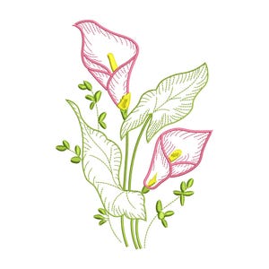 May include: An embroidered design of calla lilies with pink and yellow accents. The flowers are surrounded by green leaves and small sprigs, all outlined in a detailed stitch pattern. The design is on a white background.