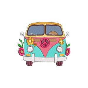 May include: A colorful cartoon illustration of a vintage van. The van is teal, pink, and yellow, with a peace sign on the front. It is decorated with flowers on the sides and has a retro aesthetic.