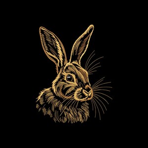 Könnte beinhalten: Detaillierte goldfarbene Illustration eines Kaninchenkopfes auf schwarzem Hintergrund. Das Bild zeigt die langen Ohren, Schnurrhaare und Fellstruktur des Kaninchens. Geeignet für Drucke, Stickereien oder andere kreative Anwendungen.