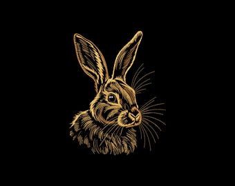 Peut inclure: Illustration détaillée d'une tête de lapin dorée sur fond noir. L'image met en valeur les longues oreilles, les moustaches et la texture de la fourrure du lapin. Idéal pour des impressions, broderies ou autres créations.