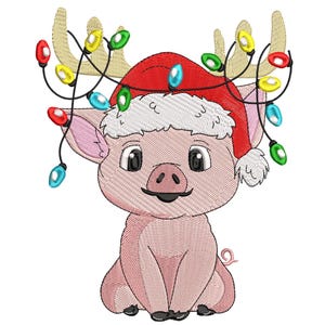 Reindeer Hat Lighting Pig Christmas Embroidery Design - Pig Embroidery Design- Machine Embroidery Design- 5 Sizes, Instant Download Files