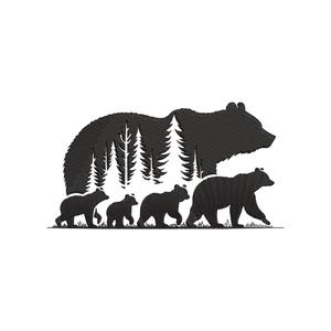 May include: Black silhouette of a bear family walking in a line. The large bear has a forest silhouette inside its body. Four smaller bears follow the large bear. The image is on a white background.