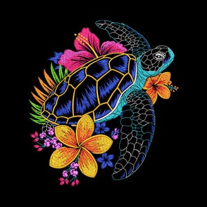 May include: An embroidered design on a black background featuring a sea turtle with a dark blue and black shell. The turtle is surrounded by vibrant tropical flowers in shades of bright pink, yellow, and orange, along with green palm leaves.