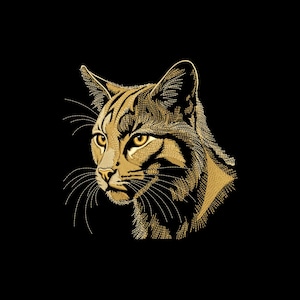 Puede incluir: Ilustración detallada de la cabeza de un lince en perfil, en oro sobre fondo negro. La obra de arte resalta los rasgos del gato, incluyendo sus orejas puntiagudas, bigotes y mirada enfocada, creando un contraste llamativo.