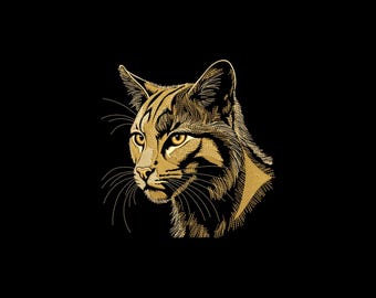 May include: A detailed illustration of a bobcat's head in profile, rendered in gold against a black background. The artwork highlights the cat's features, including its pointed ears, whiskers, and focused gaze, creating a striking contrast.