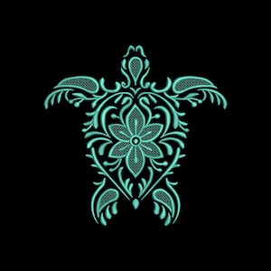 May include: A teal-coloured embroidered sea turtle design on a black background. The turtle features detailed floral and paisley patterns, creating a decorative and artistic image. The design is suitable for various craft projects.