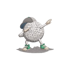 Könnte beinhalten: Illustration eines Golfball-Charakters, der dabbt. Der Golfball hat einen grauen Hut, Arme und Beine. Er trägt grüne und weiße Turnschuhe. Der Golfball ist weiß mit Vertiefungen und vor weißem Hintergrund.