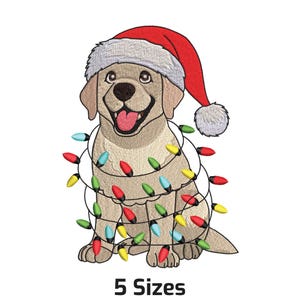 May include: An embroidered design of a smiling golden Labrador wearing a Santa hat and wrapped in colorful Christmas lights. The text "5 Sizes" is displayed below the image.