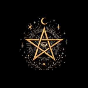 May include: Gold pentagram design with an eye in the centre, surrounded by stars, a crescent moon, and floral accents on a black background. The illustration has a mystical or occult theme.