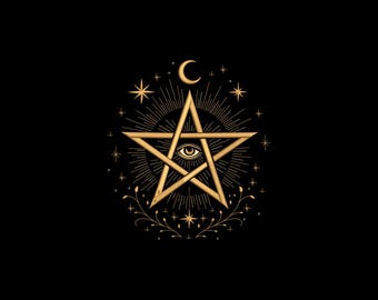 May include: Gold pentagram design with an eye in the center, surrounded by stars, a crescent moon, and floral accents on a black background. The illustration has a mystical or occult theme.
