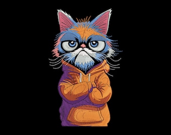 Cat in a Blue Hoodie Embroidery Design, Funny Cat Machine Embroidery, 4 sizes, Instant Download