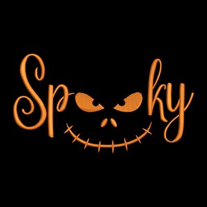 Puede incluir: Un diseño bordado en color naranja sobre un fondo negro que presenta la palabra Spooky en letra cursiva. La letra o es reemplazada por un par de ojos estrechos e inclinados y una boca ancha cosida, creando un rostro de expresión siniestra.