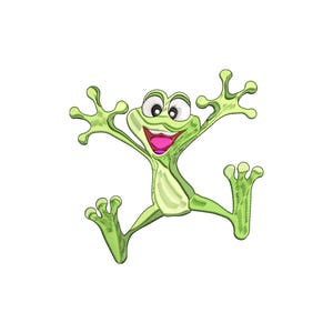 Puede incluir: Ilustración de dibujos animados de una rana verde alegre con una amplia sonrisa y brazos y piernas extendidos. La rana tiene ojos grandes y una boca rosa, sobre un fondo blanco.