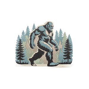 Puede incluir: Ilustración de un gran Bigfoot azul-gris caminando hacia la izquierda, con un bosque de árboles azules y verdes en el fondo. El Bigfoot tiene una constitución musculosa y está cubierto de pelo. La imagen tiene un aire vintage y aventurero.