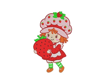 May include: A cartoon illustration of a girl holding a large red strawberry. The girl has orange hair, a pink hat with strawberry accents, and a red dress with a white apron. She is wearing green and white striped socks and brown shoes.