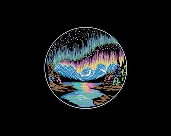 May include: Circular graphic design featuring a mountain landscape with a lake and colorful aurora borealis. The illustration includes trees, mountains, and a starry sky, all set against a black background.