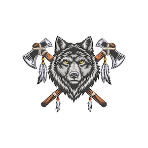 Wolf Head Centered Over Two Crossed Axes Embroidery Design, Wolf Head Machine Embroidery, 4 sizes, Instant Download