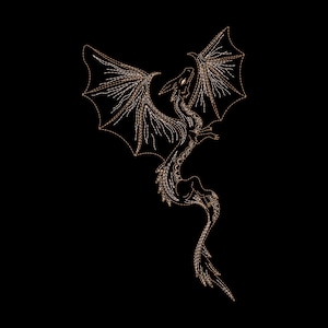 May include: An embroidered design of a dragon in metallic gold thread, set against a black backdrop. The dragon has large, detailed wings and a long, flowing tail, with the design resembling intricate needlework.