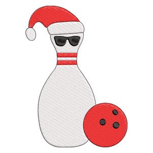 May include: Embroidered design of a bowling pin wearing sunglasses and a Santa hat, with a red bowling ball. The pin is white with red stripes and the ball has three black holes. A festive, holiday-themed design.