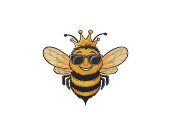 May include: A cartoon illustration of a smiling bee wearing sunglasses and a gold crown. The bee has yellow and black stripes, with detailed wings. The image is set against a white background.