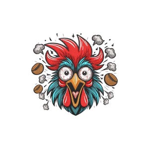 May include: A cartoon illustration of a rooster's head with a red comb, blue feathers, and wide, surprised eyes. Coffee beans and steam clouds surround the rooster, suggesting a coffee-related theme.