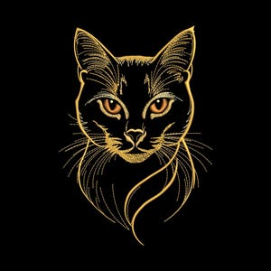May include: A gold-colored line art illustration of a cat head centered on a solid black background. The cat features detailed whiskers, pointed ears, and prominent amber-colored eyes, rendered with fine, continuous golden lines.