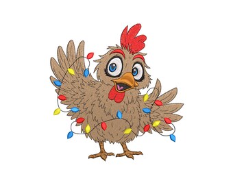 Diseño de bordado navideño de pollo divertido, diseño de bordado de pollo con luces navideñas, diseño de bordado a máquina, 4 tamaños, descarga instantánea