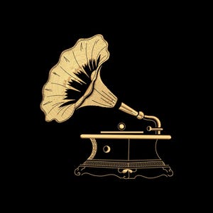 May include: A gold-colored gramophone illustration on a black background. The gramophone features a large, flared horn and a detailed base. The design is reminiscent of vintage audio equipment.
