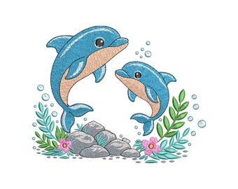 Cute Dolphins Embroidery Design, Funny Dolphin Machine Embroidery, Dolphin Lover Gift Embroidery File, 4 sizes, Instant Download