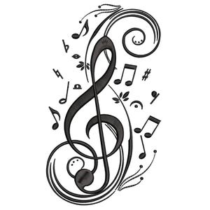 May include: Black musical notes and symbols, including a treble clef, adorn this design. The image features a swirling pattern with musical notes and other symbols, creating a visually appealing composition. The design is set against a white background.