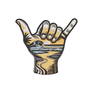May include: Embroidered design of a hand in the shaka sign, with a beach scene inside. The design features a yellow and orange sunset, waves, and a sandy beach. The hand is outlined in black.