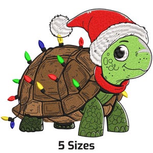 May include: A cartoon turtle wearing a Santa hat and a red scarf, decorated with colourful Christmas lights. The turtle has a green face and brown shell. Text at the bottom reads "5 Sizes".