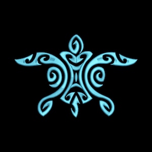 May include: A light blue, symmetrical design on a black backdrop. The design incorporates swirling patterns and curved lines, suggestive of a stylized floral or tribal motif. The overall form evokes a stylized turtle or insect.
