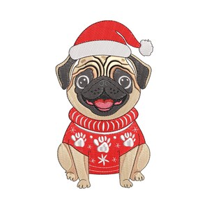 May include: An embroidered image of a pug dog wearing a red Christmas sweater and Santa hat. The sweater features white paw prints and snowflakes. The pug has a tan coat, black snout, and a happy expression.
