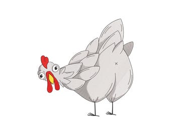 May include: A cartoon illustration of a chicken with a surprised expression. The chicken is light gray with a red comb and wattle, and a yellow beak. The chicken is looking down with wide eyes.