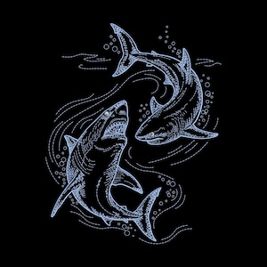 Puede incluir: Una ilustración gráfica que muestra dos tiburones nadando en un movimiento circular sobre un fondo negro sólido. Los tiburones están representados con líneas finas de color azul claro, con branquias, aletas y bocas abiertas visibles, rodeados de burbujas.