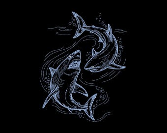 May include: A graphic illustration featuring two sharks swimming in a circular motion against a solid black background. The sharks are rendered in thin, light blue lines with visible gills, fins, and open mouths, surrounded by small bubbles.