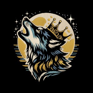 May include: Embroidered design of a howling wolf wearing a crown, set against a full moon and starry night sky. The wolf is rendered in shades of blue, black, and yellow, with intricate details. The background is black.