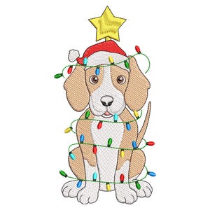 May include: An embroidered design of a beagle wearing a Santa hat and a star on its head, wrapped in Christmas lights. The dog is tan, white, and brown, with colourful lights. A festive holiday design.