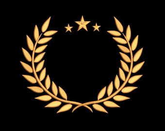 May include: A gold-colored laurel wreath with three stars above, set against a black background. The wreath is composed of detailed, stylized leaves, and the stars are evenly spaced above the center.