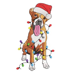 May include: Embroidered image of a Boxer dog wearing a red Santa hat and wrapped in colorful Christmas lights. The dog has a brown and white coat, with its tongue sticking out. The design is on a white background.