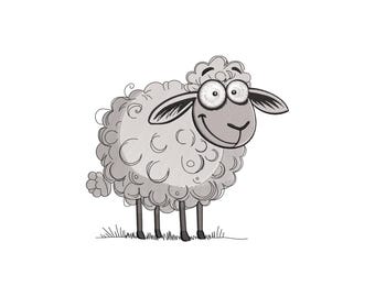 May include: A cartoon illustration of a sheep with a fluffy, gray body and a smiling face. The sheep has large, round eyes and thin, black legs. The background is plain white.
