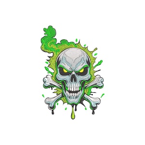 May include: Embroidered skull design with crossbones and green accents. The skull has a gray and white color scheme with yellow eyes and a menacing expression. Green splashes and drips surround the skull, creating a spooky effect.