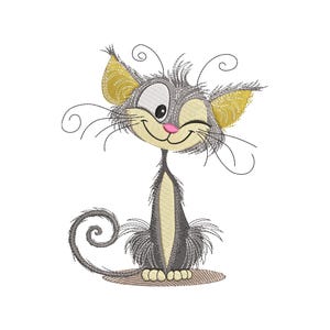 May include: A whimsical cartoon cat with gray fur, yellow ears, and a pink nose winks. The cat has long whiskers and a curly tail. It is sitting on a brown oval. The design is an embroidery or applique.